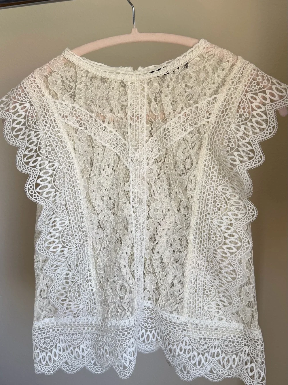 Zara Romantic Lace Top Ivory Crochet Trim Sheer Blouse Size M